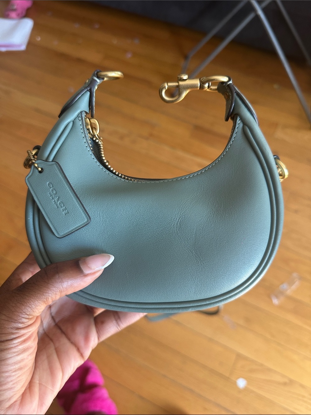 Coach Mint Green Crescent Leather Mini Shoulder Bag with Gold Hardware